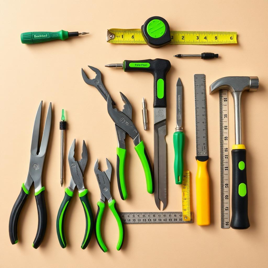 Handyman tools laid out on a workbench